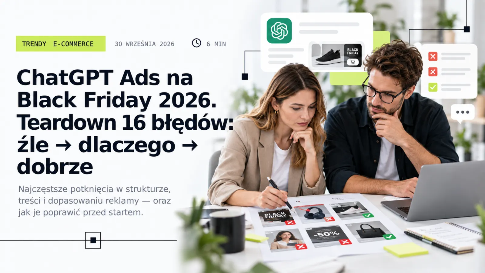 ChatGPT Ads na Black Friday 2026: teardown 16 błędów. Źle → dlaczego → dobrze